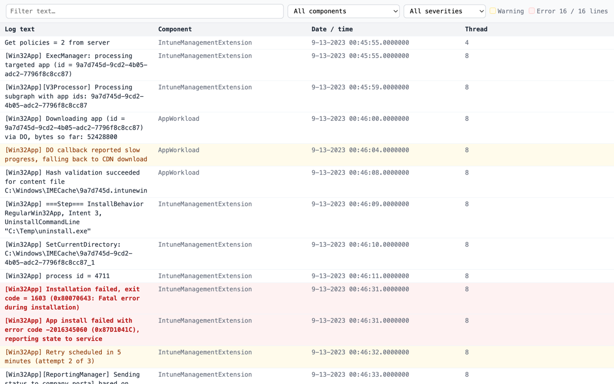 Screenshot of the CMTrace-style log table with
          colored warning and error rows and filters