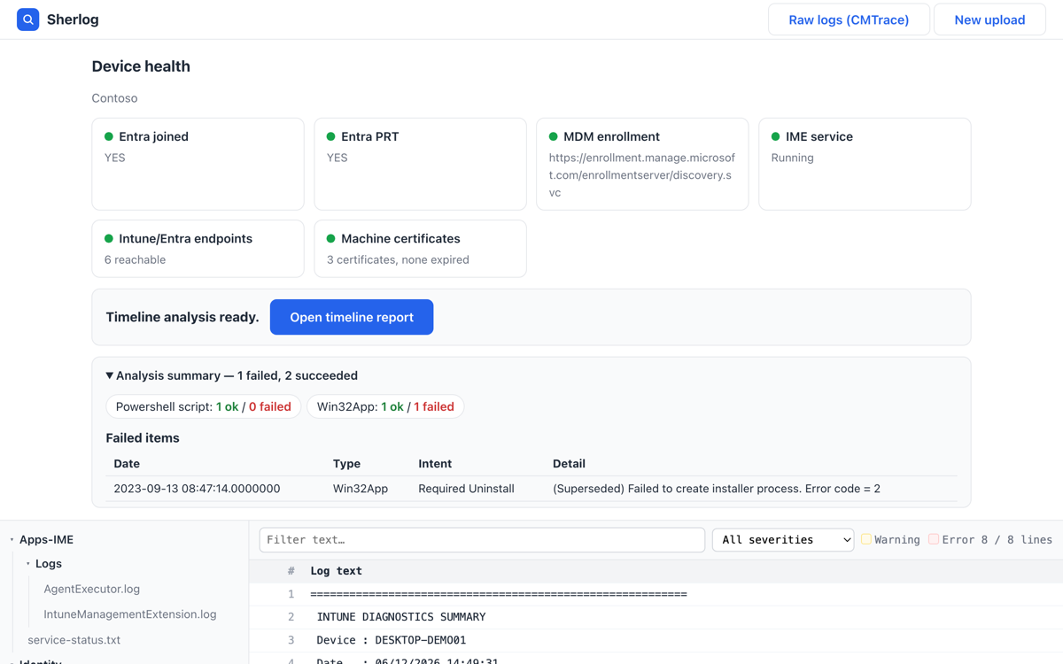 Screenshot of the device health dashboard and
          package file browser